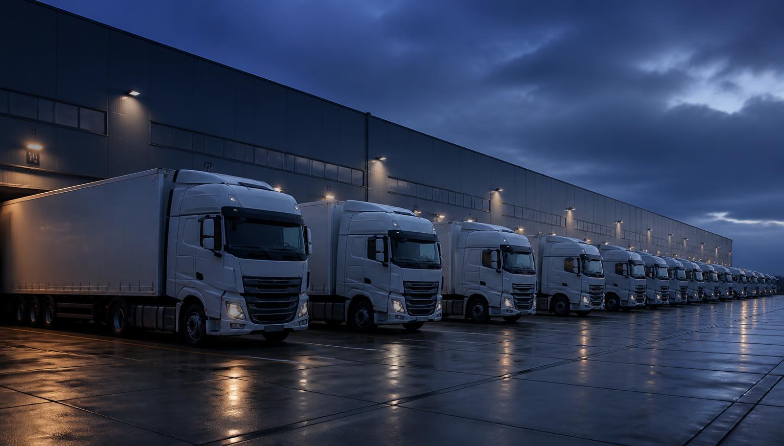 Frota de caminhões da WL Transportes em centro de distribuição